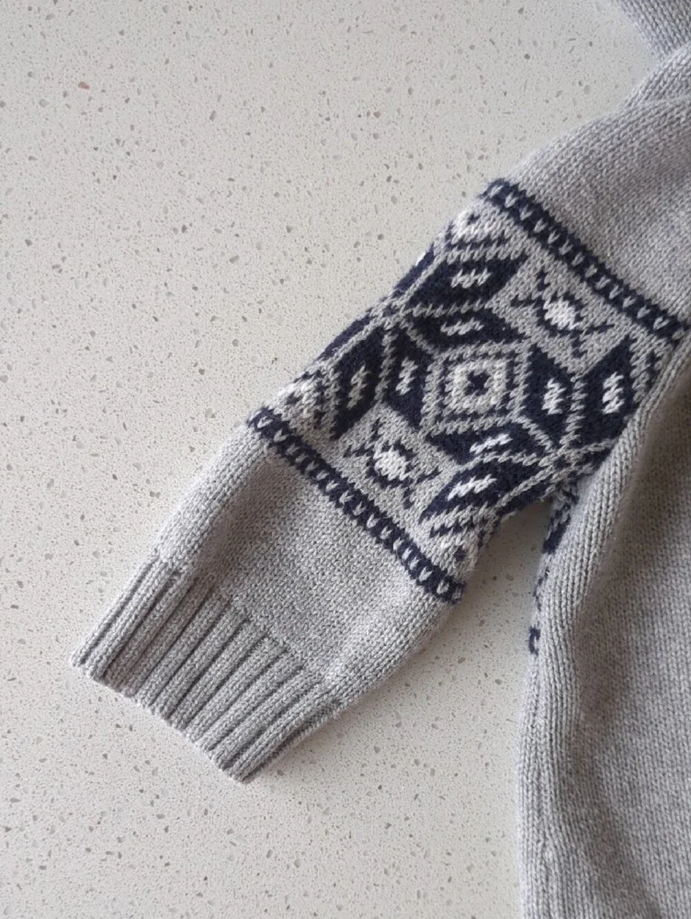Hooded Knit Baby One-Piece with Nordic Pattern - Light Gray